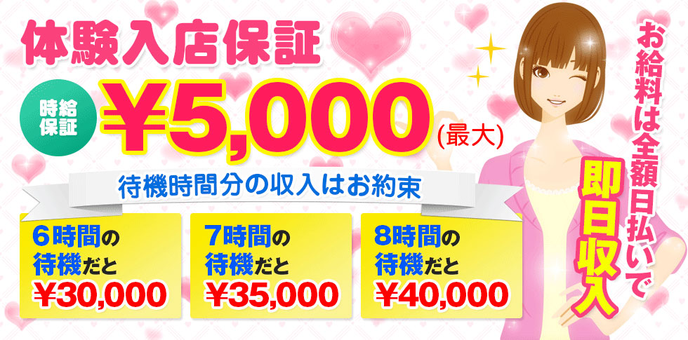 体験入店キャンペーンにつき待機時給保証5000円を付けさせていただきます。